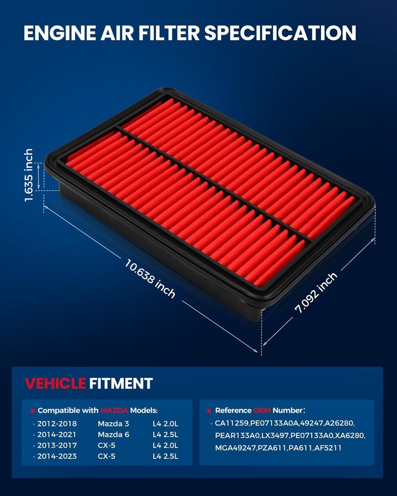 KAX Engine Air Filter, (CA11259) Air Filter Compatible with Mazda 3 2013-2018, Mazda 6 2014-2021, CX-5 2.5L 2013-20213, Replace OE PE07-13-3A0, PE07-13-3A0A, PE07-13-3A0A - Image 1